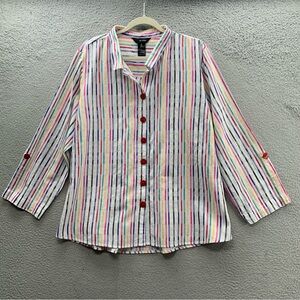 Ali Miles Top Blouse Women’s XL Colorful Striped Button Up Aztec 3/4 Tab Sleeve